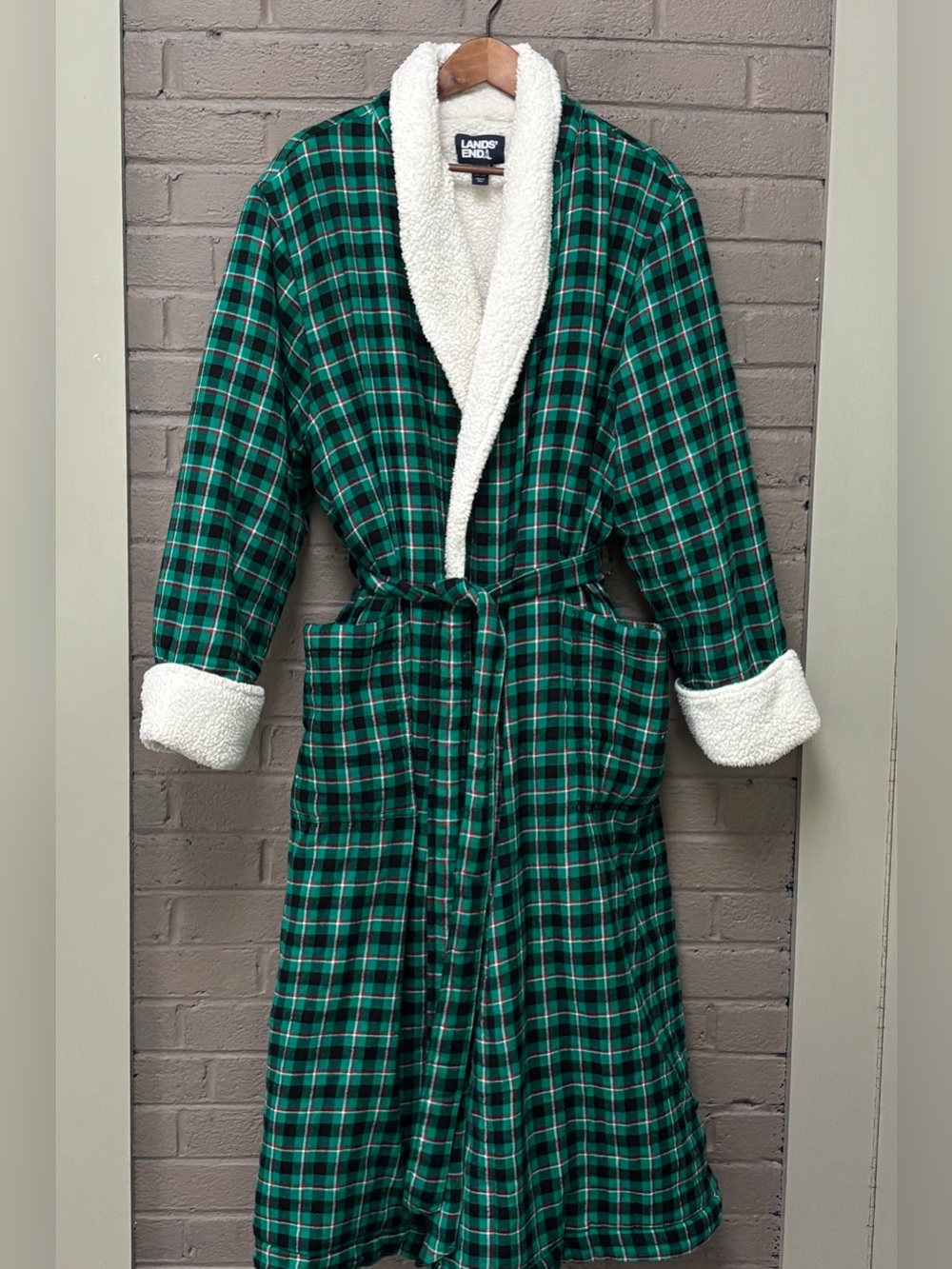 Lands' End Women's Green Plaid Sherpa-Lined Robe 2X